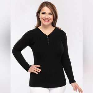Black Fitted Ribbed V-Neck Top with Scalloped Neckline and Button Details